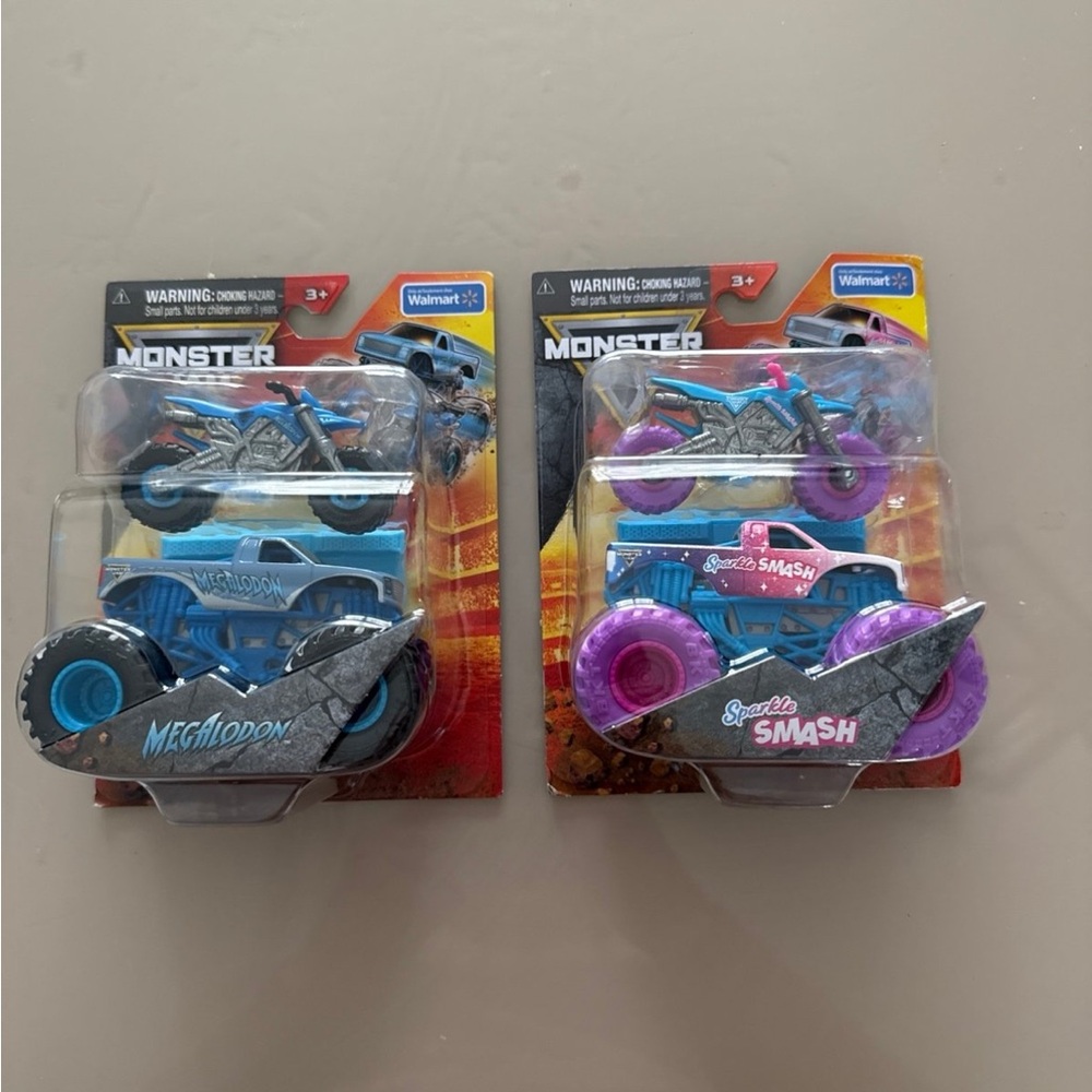 Blue and Purple Monster Truck & Bike Duo - Sparkle Smash & Megalodon Bundle